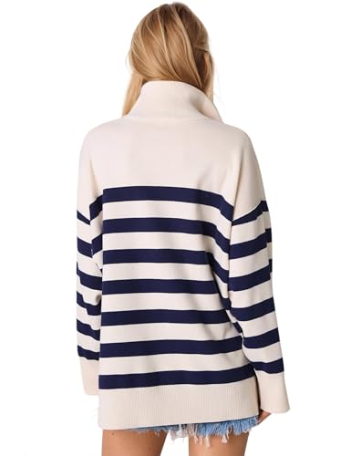 Image of Knit Coastal Stripe Pullover for Women Oversized Fit Medium Weight Sweater with Quarter Zip Neckline 2024 Fall Winter Sweater