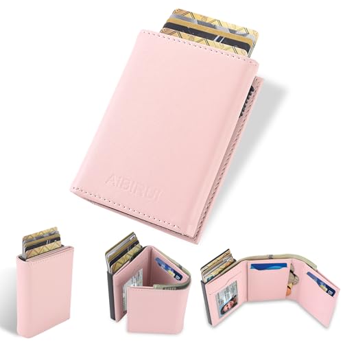 Pop Up Wallet Women - Slim Wallet with ID Window,RFID Blocking,Money Clip Minimalist Leather Slots Credit Card Holder Trifold Business Card Case and Coin Purse(Pink Wallet for women Gift