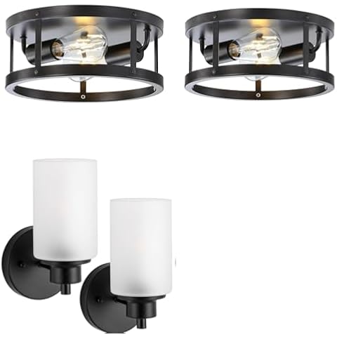 DOXVIEZE 11 Inch Industrial Black Metal Close to Ceiling Light and 2-Pack Indoor Black Bath Vanity Light Fixtures Cover