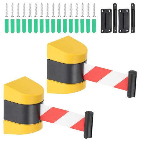 PATIKIL 2Pcs Fixed Wall Mount Retractable Belt Barrier, 16.4 Ft Crowd Control Barrier for Retail Store Stadium, Black Yellow Case with Red White Retractable Caution Belt