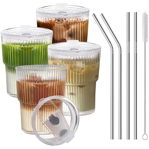 RÉΑLWÁY 13 OZ Glass Cups with Lids and Straws, Iced Coffee Cups with Lids, Clear Ribbed Glassware for Coffee Smoothie Cocktail Ice Tea, Glass Tumbler with Straw and Lid, Set of 4 Cover