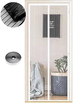 Mosquitera Puerta Magnetica 140 x 220 cm, Varios Tallas, Cortina Mosquitera Puerta Exterior, Cierre automático, No Requiere Herramientas, Fácil de Instalar, Rayas Blancas