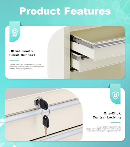 Medical Cart with 5 Drawers and Lock, Rolling Medical Bedside Cabinet on Wheels, Steel Medication Cart 13\" D x 24.5\" W x 29\" H for Hospital Clinic Office School Infirmary, Beige - Thumbnail 4