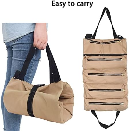 Tool Roll, RealPlus Multi-Purpose Canvas Tool Roll, Wrench Roll Pouch, Roll Up Tool Bag with 5 Zipper Pockets, Tool Organisers for Car Motorcycle (Khaki)