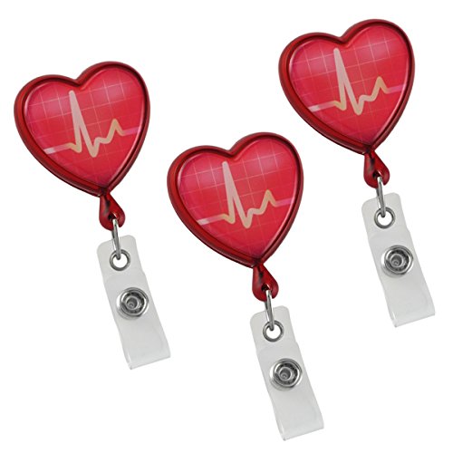 Retractable Nurse Badge Reels in Heart Shape EKG Design with Alligator Swivel Clip by Limeloot (3-Pack)