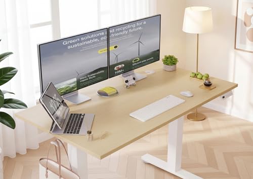 Image of YDN Electric Standing Desk Adjustable Height, 40 x 24 Inches Sit Stand up Desk with Memory Presets & Cable Management, Home Office Desk for Office & Computer Workstation, White Frame /Nature Top