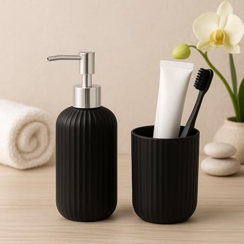Image of LAGET Bathroom Accessories Set for Utility and Toothbrush Holder Bathroom Decor | Handwash Liquid Soap Dispenser Pump for Bathroom, Kitchen, Wash Basin, Sink Ribbed Design (Black)