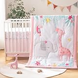 TCOYIWL 4-Piece Crib Bedding Set for Baby Boys Girls, Infant Toddler Nursery Baby Bedding Sets Includes Cartoon Quilt, Fitted Crib Sheet, Crib Skirt and Plush Giraffe Toy