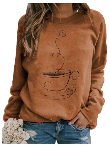 WDIRARA Women's Graphic Print T Shirts Long Sleeve Crew Neck Tees Casual Fall Tops Coffee Brown Medium