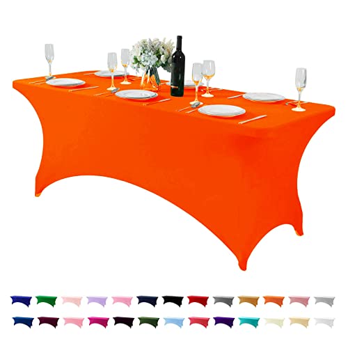 Hezuzo Spandex Table Cover for 6Ft or 4fT or 8ft Table Universal Fitted Stretch Tablecloth for Party, Banquet, Wedding and Events-Neon Orange