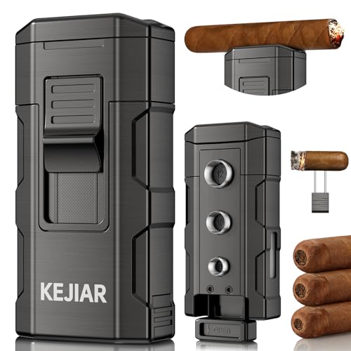 KEJIAR Torch Lighter, Windproof Dual Jet Flame, Refillable Butane Torch Lighter with 3-Size Punch Cutter, Nubber & Stand, Ideal Gift for Men (Grey)