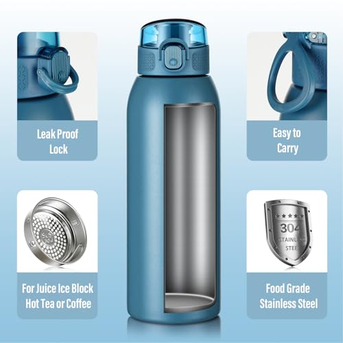 Image of Insulated Water Bottle 24 oz with Dustproof Lid, Carry Handle & Tea Infuser, BPA-Free & Leakproof, Stainless Steel Water Bottles Ideal for Fitness, Hiking, Office & Outdoor Use (Navy Blue)
