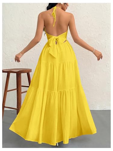 Image of SHENHE Women's Deep V Neck Tie Knot Backless Halter Dress A Line Flowy Ruffle Maxi Dress