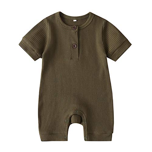 hhchenyulemon Newborn Baby Boys Girls Short Sleeve Knitted Ribbed Romper Short Sleeve One-Piece Solid Color Jumpsuit Outfits Clothes (A-Army Green, 6-9 Months)