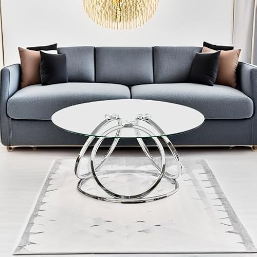 O&K FURNITURE Silver Coffee Table, Modern Glass Coffee Table Living Room Table with Ring-Shaped Frames, Glass Coffee Table for Home&Office, Chrome Finish, 1 PC - Thumbnail 6