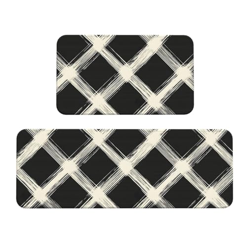 GVYGVY Antifatigue Kitchen Mats for Floor 2 Piece - Black and White Stripes Print Kitchen Rugs Washable, Non Slip Runner Rug Standing Mat for Office/Bathroom/Laundry/Home Decor and Accessories