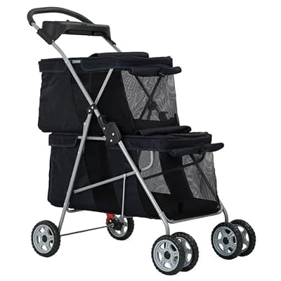 Double Dog Cart with Cup Holder,Foldable Travel Cage for Small and Medium-Sized Dogs and Cats,Suitable for 2 Puppies or Two Kittens(Black)