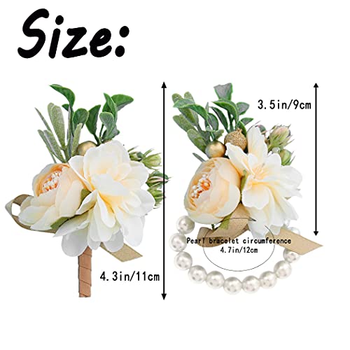 Campsis Wedding Corsage Boutonniere Champagne Rose Pearl Flower Wrist Corsage Groom Boutonniere Flower Decor Girls bride Bridesmaid Lady for Prom and Dinner Party(2pcs)