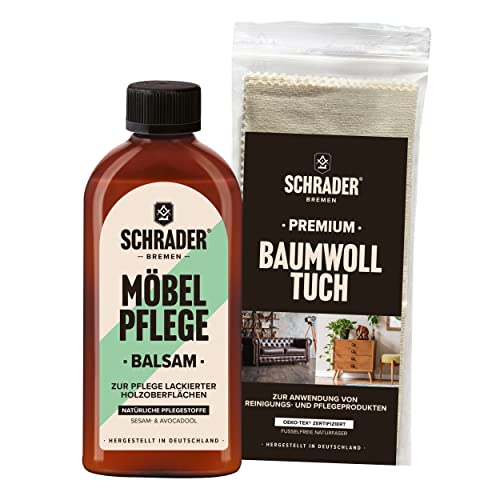 SCHRADER Möbel Pflege Balsam Set - Pflegemittel für lackierte Holzoberflächen mit Poliertuch - 2-teilig - Made in Germany