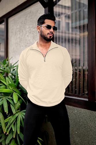 Image of KAJARU Men's Quarter Zip Pullover T-Shirt, Textured Ribbed Long Sleeve, Casual Mock Neck