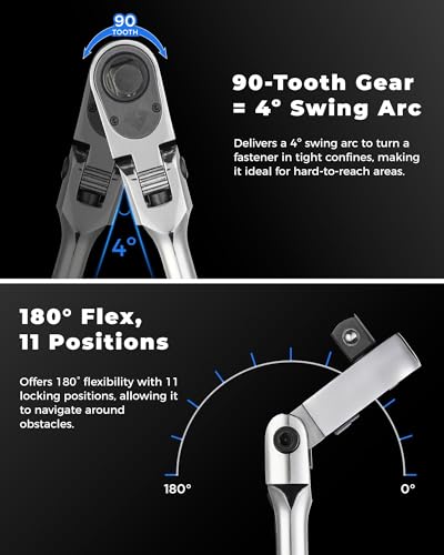 Image of toolant 1 /2 inch Drive Flex Head Ratchet, 90 Tooth Compact Flex Head Socket Ratchet Wrench, 17 Inch Length
