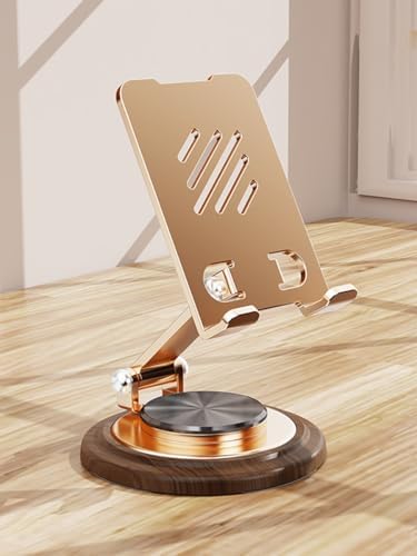 Dual Folding Phone Desk Stand, Adjustable Cell Phone Stand Accessories, 360°Rotating Phone Holder for Desk, with Wooden Disc Base, for iPhone 17 16 15 Pro Max and All Smart Phones,Gold/Black (Random) - 3
