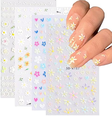 Flower Nail Art Stickers 5D Embossed Nail Decals Spring Daisy Nail Art Supplies Self-Adhesive Nail Accessories White Yellow Colorful Flower Nail Stickers for Women Nail Decorations Design