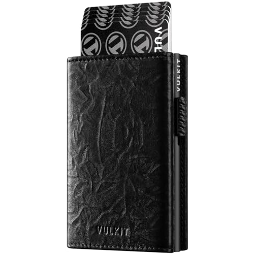 Image of VULKIT Card Holder Wallet with Coin Pocket Magnetic Closure Pop Up Cards With ID Window Leather Wallet for Cash & Credit Cards, Handcrafted Hammered Style - Black, Small, Minimalist