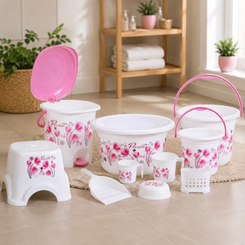 Image of Heavy Duty Virgin Plastic Large Capacity 20L Bucket, 5L Bucket, Stool, 22L Deep Tub, Dustbin,1.5L Mug,1L Mug, Soap Case, Dustpan, Tooth Brush Stand Bathroom Set(White-Pink) - 10 Pieces