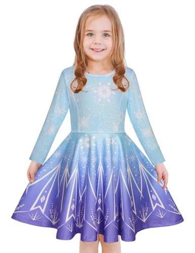 LaBeca Girls Printed Casual Party Dresses Twirly Longsleeve Dress Frozen World Fall L