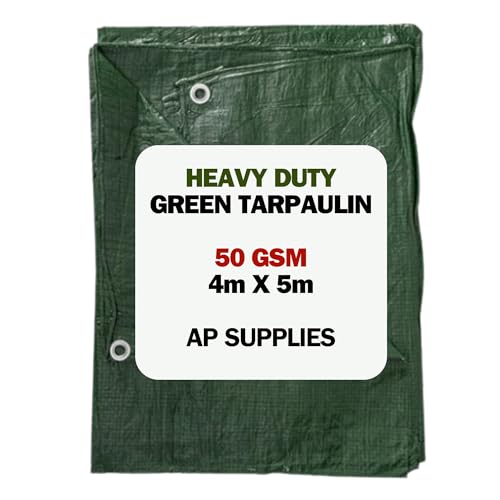 4m x 5m Green Tarpaulin Cover - 50gsm Thick - 13ft x 16ft Waterproof, Weatherproof, Frost-Resistant, UV Protection, Universal, Multipurpose, Groundsheet, Camping, Boating, Hiking Heavy Duty Sheet