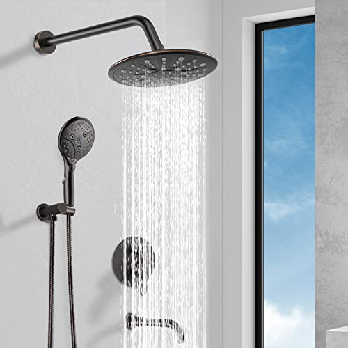 Suncleanse Bathtub Faucet Shower System: Wall Mounted 8.5" Rainfall Head Set, 7-Spray High Pressure Handheld Complete Combo, Valve With Trim Kit, Oil Rubbed Bronze Tub Spout For Rain Luxury Bathroom #TOP6