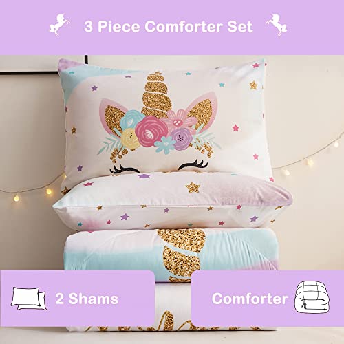 Cokouchyi 3-Piece Twin Bedding Sets For Girls, Unicorn Bedding,Girls Comforter Set, Unicorn Comforter Set For Girls, Ultra Soft And Fluffy Kids Bedding Set, Pink & Rainbow Color #TOP3