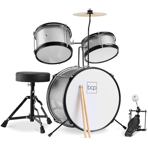 Best Choice Products 3-Piece Beginner Drum Set for Kids Juniors, w/Throne Stool, Cymbal, Drum Sticks, Bass Drum Pedal, 2 Toms - Silver Sparkle
