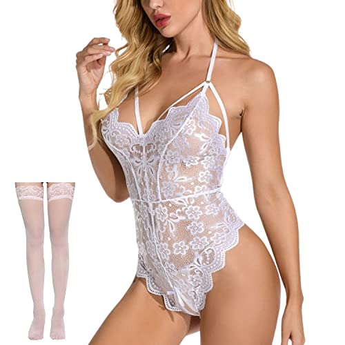Conjunto de Lencería Babydoll Mujer en V Profundo Ropa Interior Mujer Transparente Teddy Lingerie Correas Corset Ropa de Dormir Altas al Muslo Liguero de Encaje 2 Piezas,Blanco