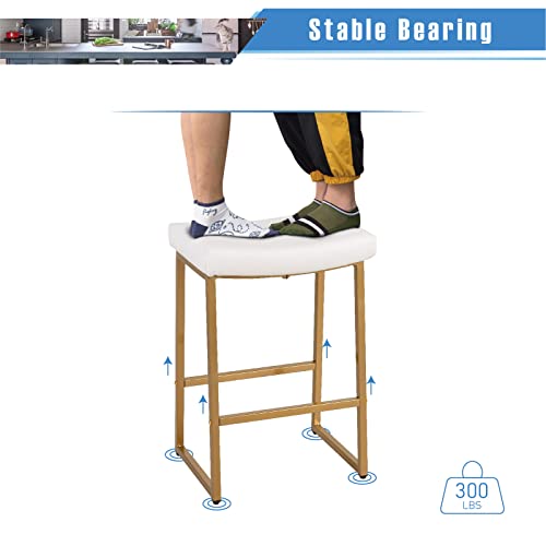 Alpha Home 24" Bar Stools Counter Height Set Of 2, Pu Leather Saddle Stool With Metal Legs Modern Dining Chairs For Kitchen Island, White #TOP3