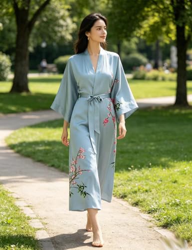 Image of Women's Classic 100% Silk Kimono Robe, Bathrobe-Printed Pattern