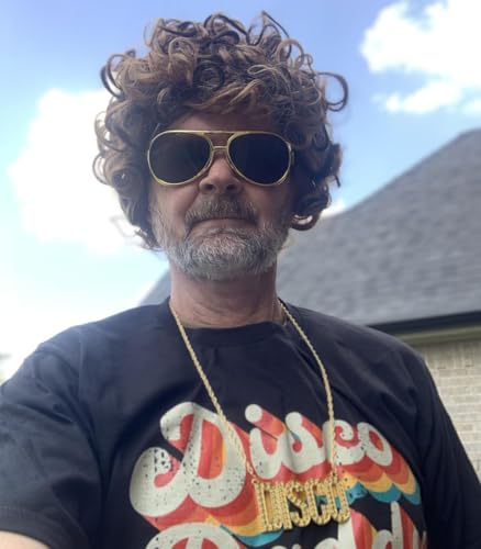 Image of 70s 80s Disco Costume Wig Set for Men - Afro Curly Wig with Mustache, Gold Sunglasses & Disco Necklace, Halloween Cosplay 70s Party Outfit Accessory (Blonde Mixed Brown)