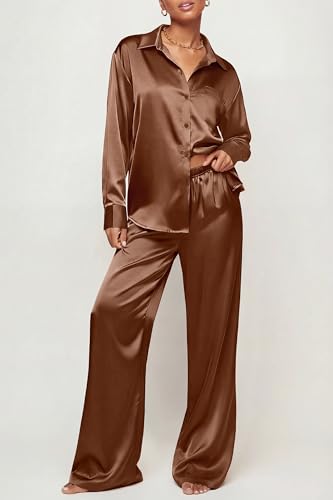 Image of Ekouaer Womens Satin Silky Pajama Set 2 Piece Print PJs Soft Loungewear Button Down Sleepwear with Elastic Waist Long Pants