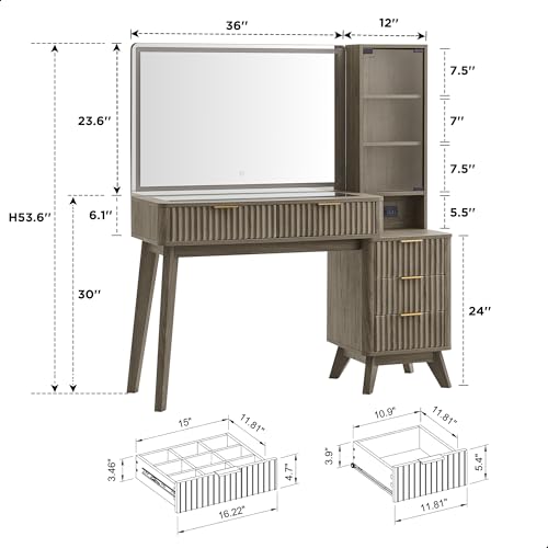 Image of T4TREAM 48 inch Fluted Makeup Vanity Desk with 36 inch Lighted Mirror, Brown Alder