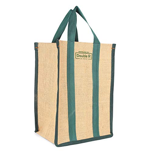 Image of DOUBLE R BAGS Laminated Jute Reusable Shopping Bags Kitchen Essentials Grocery Vegetable Lunch Carry Bag With Full Handles Multi-purpose Bag Stylish Designs (Green) Pack of 2