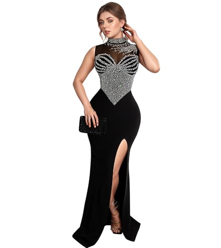 Nagfar Sexy Rhinestone Mock Neck Mesh Slit Dresses Prom Evening