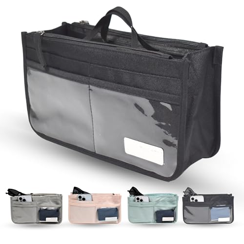 Organizador de bolsos de mujer insertable para interior de bolso, 2 asas, 13 compartimentos (10 bolsillos, 6 transparentes, 2 con cremallera, 1 central grande), ligero, poliéster 27,5x15,5x9,5cm NEGRO