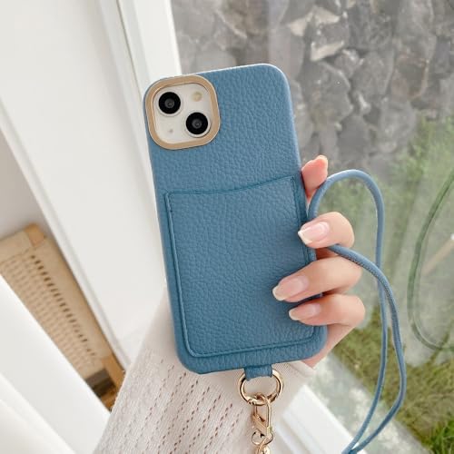 Étui de protection en cuir premium pour iPhone 15 Pro Max avec porte-cartes chic bleu