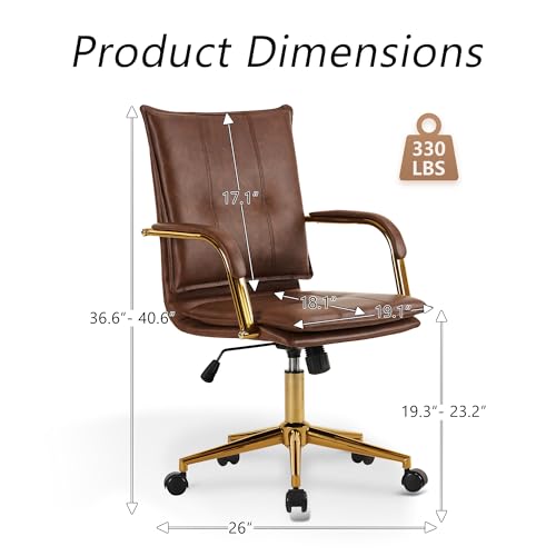MOJAY Mid-Back Ergonomic Leather Office Desk Chair, Modern Upholstered Computer Chair, Executive Office Chair with Arms, Swivel Adjustable Rolling Chair with Gold Base (Brown) - Image 2