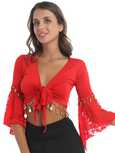 Aiihoo Boléro Femme Danse Châle de Danse Orientale Femme Crop Top Femme Court Col V 1/2 Manches de Trompette 2022 Ans Nouveau Style Grande Taille L-3XL Rouge L Cover