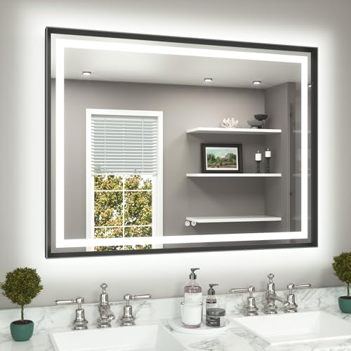 TETOTE 48 x 36 Bathroom LED Mirror Brushed Black Metal Frame Frontlit & Backlit Vanity Mirror Stepless Dimmable Anti-Fog 3 Colors White/Warm/Natural Light up Vanity Wall-Mounted