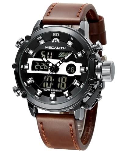 MEGALITH Uhren-Herren Militär Digitaluhr Sportlich - Armbanduhr Herren 45mm Groß Zifferblatt Wasserdicht LED Uhren fur Männer Braunes Leder Stoppuhr Wecker Kalender MEGALITH Uhren-Herren Militär Digitaluhr Sportlich - Armbanduhr Herren 45mm Groß Zifferblatt Wasserdicht LED Uhren fur Männer Braunes Leder Stoppuhr Wecker Kalender