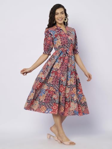 Image of PIDAVLIYA'S Women Cotton Printed Midi Dress with V Neck & Puff Sleeves | Flared A-Line Casual Summer Dress | Stylish Knee Length One Piece for Daily