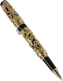 Gullor Noblest Dragon and Phoenix Rollerball Pen with PU Leather Pen Pouch - Antique Silver and red
